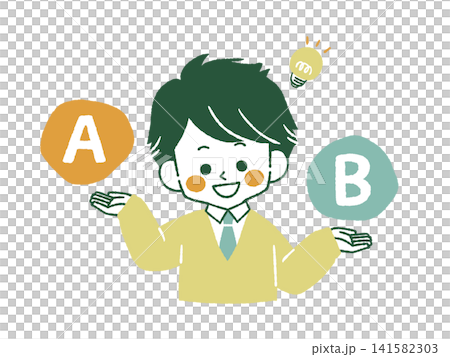 比較をしている笑顔の男子学生-4色 比較をしている笑顔の男子学生-4色 141582303
