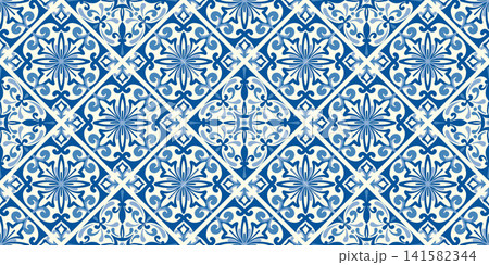 Blue Mediterranean ceramic tile with seamless mosaic pattern and floral motif. Spanish azulejo geometric background for vintage decor. 141582344