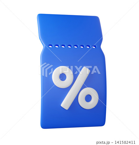 3D blue discount coupon tickets with percent sign, isolated on background. Modern sale promo icon for marketing, promotion, sales, ecommerce banners. 3d render 141582411