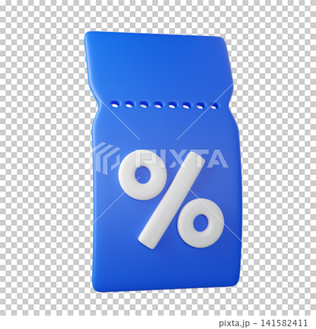 3D blue discount coupon tickets with percent sign, isolated on background. Modern sale promo icon for marketing, promotion, sales, ecommerce banners. 3d render 141582411