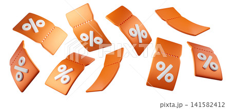 3D flying orange discount coupon tickets with percent sign in multiple angles, isolated on background. Modern sale promo set for marketing, promotion, sales, ecommerce banners. 3d render 3D flying orange discount coupon tickets with percent sign in multiple angles, isolated on background. Modern sale promo set for marketing, promotion, sales, ecommerce banners. 3d render 141582412
