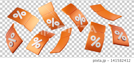 3D flying orange discount coupon tickets with percent sign in multiple angles, isolated on background. Modern sale promo set for marketing, promotion, sales, ecommerce banners. 3d render 3D flying orange discount coupon tickets with percent sign in multiple angles, isolated on background. Modern sale promo set for marketing, promotion, sales, ecommerce banners. 3d render 141582412