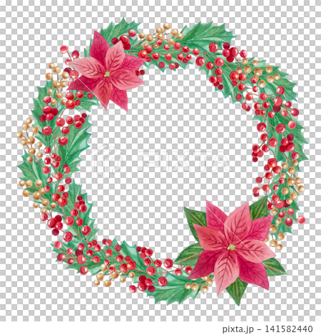 Watercolor christmas wreath with poinsettia flower, holly leaf and red gold berry branch. Hand drawn festive winter holiday botanical circle frame isolated on element background Watercolor christmas wreath with poinsettia flower, holly leaf and red gold berry branch. Hand drawn festive winter holiday botanical circle frame isolated on element background 141582440