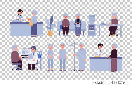 病院を受診する高齢者の医療シーンのイラストセット|受付・待合・診察・検査・会計・薬局 病院を受診する高齢者の医療シーンのイラストセット|受付・待合・診察・検査・会計・薬局 141582505