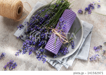 Lavender beeswax candle with natural rustic twine Lavender beeswax candle with natural rustic twine 141582971
