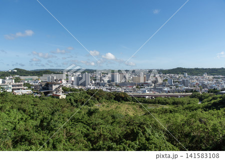 快晴の空と高台から見える手前の緑と奥の町並み 141583108