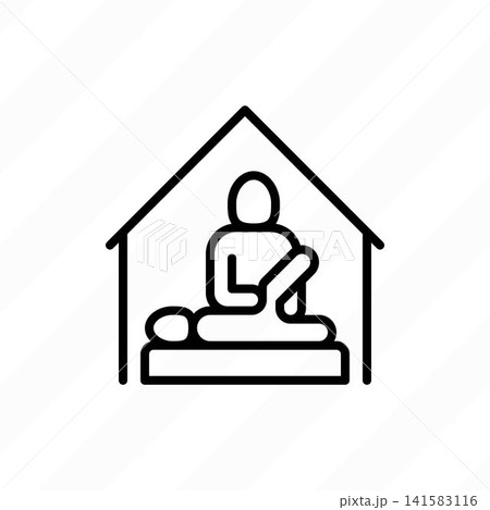 Physiotherapy at home, rehabilitation. Massage, passive joint therapy thin line icon, physiotherapist warms up knee of man. Modern vector illustration.  141583116