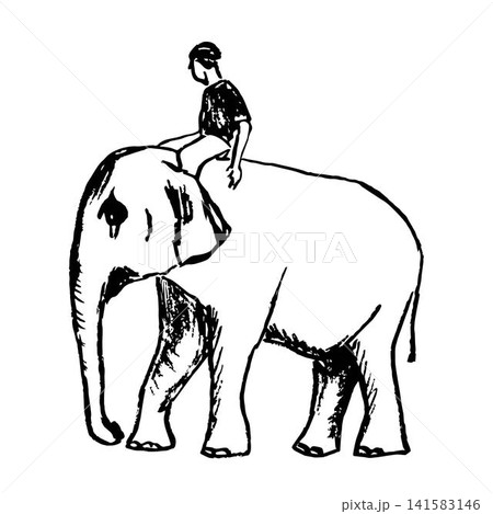 Hand drawing in black outline, vector illustration. Big white elephant with a rider, walk, tourism, travel. Wild animal, man and nature. 141583146