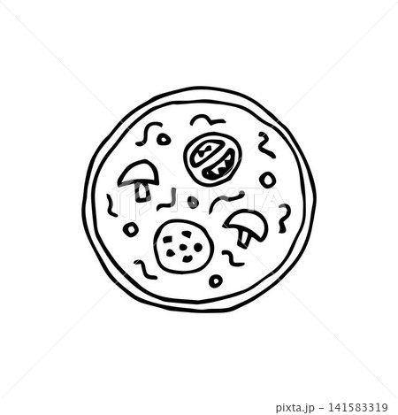 Simple vector drawing in black outline. Italian vegetable pizza isolated on a white background. Simple vector drawing in black outline. Italian vegetable pizza isolated on a white background. 141583319