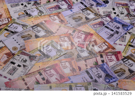 Saudi Arabia paper money, riyal banknotes and coins as currency for exchange. Saudi Arabia money Saudi Arabia paper money, riyal banknotes and coins as currency for exchange. Saudi Arabia money 141583529