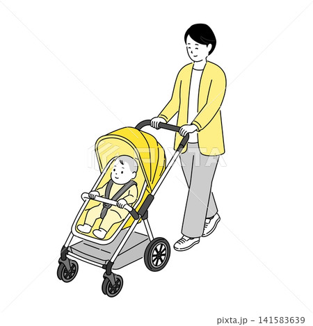 ベビーカーで赤ちゃんと散歩するママのイラスト 141583639