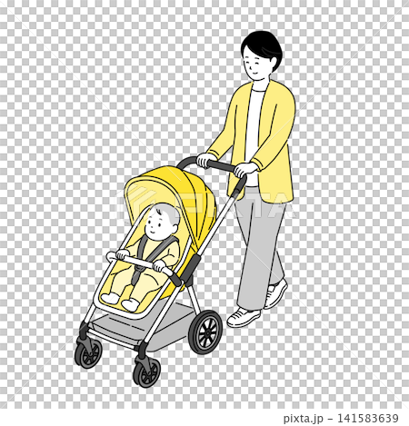 ベビーカーで赤ちゃんと散歩するママのイラスト 141583639
