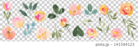 Pink and orange watercolor-style flower and leaf material Pink and orange watercolor-style flower and leaf material 141584123
