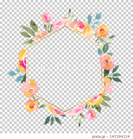 Hexagonal frame with a watercolor-style floral pattern in pink and orange. Hexagonal frame with a watercolor-style floral pattern in pink and orange. 141584124