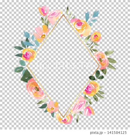 Diamond-shaped frame with a watercolor-style floral pattern in pink and orange. Diamond-shaped frame with a watercolor-style floral pattern in pink and orange. 141584125
