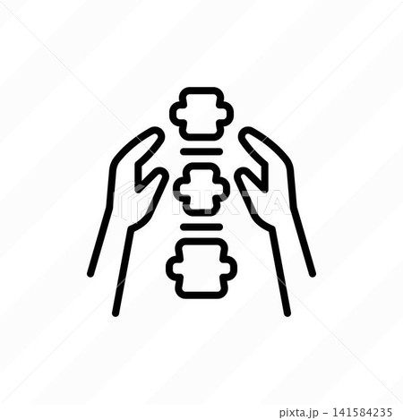 Chiropractic therapy thin line icon for spinal adjustment and musculoskeletal treatment. Hands on spine. Vector illustration. 141584235