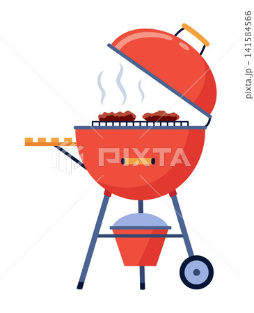 Red barbecue with accessories. Charcoal grill. Red barbecue grill with open lid and modern design features 141584566