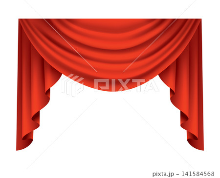 Red curtains realistic. Theater fabric silk decoration for movie cinema or opera hall. Curtains and draperies interior decoration object. Isolated on transparent for theater stage 141584568