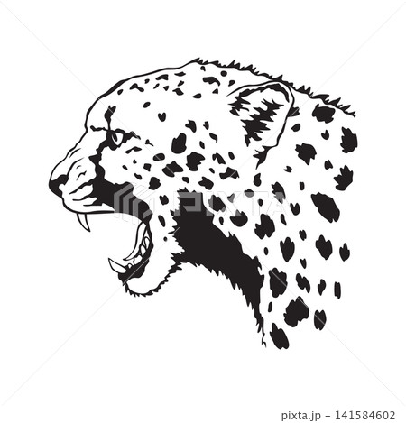 Detailed cheetah head portrait with spotted fur and bold linework Detailed cheetah head portrait with spotted fur and bold linework 141584602