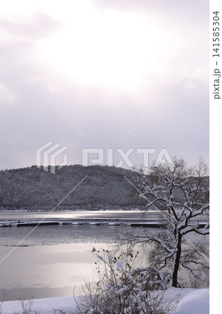 雪の積もった山と湖 雪の積もった山と湖 141585304