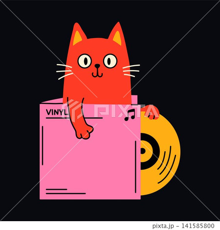 Playful Music Lover Cat Emerging from Record Sleeve Playful Music Lover Cat Emerging from Record Sleeve 141585800