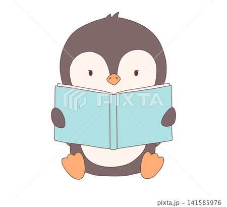 Cute cartoon penguin sitting and reading book. Baby animal character. Kids vector illustration isolated on white background 141585976