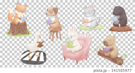 Cute animals reading book on chair, grass, armchair and tree stump. Watercolour illustrations set isolated on white background 141585977