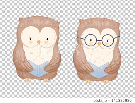 Cute owl with glasses reading book. Watercolor illustration isolated on white background for kids Cute owl with glasses reading book. Watercolor illustration isolated on white background for kids 141585980