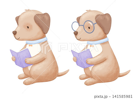 Cute dog with glasses reading book. Watercolor isolated illustration on white background for kids, hand painted pet animal 141585981