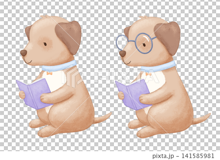 Cute dog with glasses reading book. Watercolor isolated illustration on white background for kids, hand painted pet animal 141585981