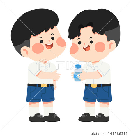 Two School Boys Sharing Water Bottle 141586311