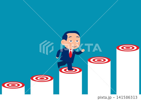 Ambition vector concept with businessman jump on graph columns. Success, achievment, motivation business symbol. Ambition vector concept with businessman jump on graph columns. Success, achievment, motivation business symbol. 141586313