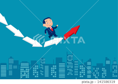 Economic Recovery. Change from down turn to rising. Businessman jumping from falling arrow to rising arrow.  Cute little busuiness vector 141586319