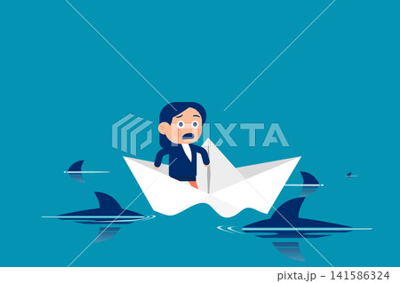 business problem or obstacle, confused businesswoman because his paper boat is surrounded by sharks, business challenge concept vector illustration business problem or obstacle, confused businesswoman because his paper boat is surrounded by sharks, business challenge concept vector illustration 141586324