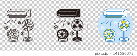 Icons for air conditioners, fans, and air circulators. Illustrations for indoor heat countermeasures and heatstroke prevention. Icons for air conditioners, fans, and air circulators. Illustrations for indoor heat countermeasures and heatstroke prevention. 141586375