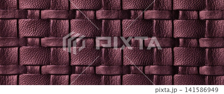 Texture dark purple leather background with woven braided pattern, macro. Abstract wine upholstery surface 141586949