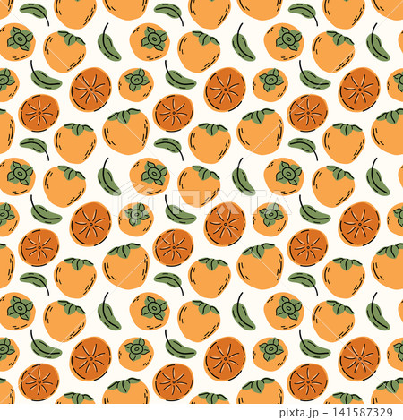 Ripe orange persimmon fruit seamless pattern on light cream background Ripe orange persimmon fruit seamless pattern on light cream background 141587329