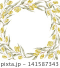 Green olive branches and golden olives watercolor wreath composition forming a full circle for wedding stationery, certificates, olive oil packaging, greeting cards, branding and wall prints. 141587343
