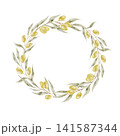Green olive branches and golden olives watercolor wreath composition clipart for wedding logos, invitation cards, product labels, branding, stickers, packaging and social media graphics. 141587344