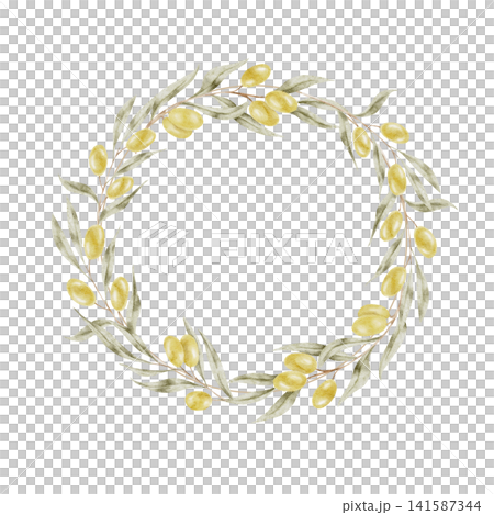 Green olive branches and golden olives watercolor wreath composition clipart for wedding logos, invitation cards, product labels, branding, stickers, packaging and social media graphics. Green olive branches and golden olives watercolor wreath composition clipart for wedding logos, invitation cards, product labels, branding, stickers, packaging and social media graphics. 141587344