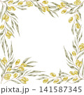 Green olive branches and golden olives watercolor frame illustration surrounding the page for wedding stationery, greeting cards, restaurant menus, packaging, certificates and printable designs. 141587345
