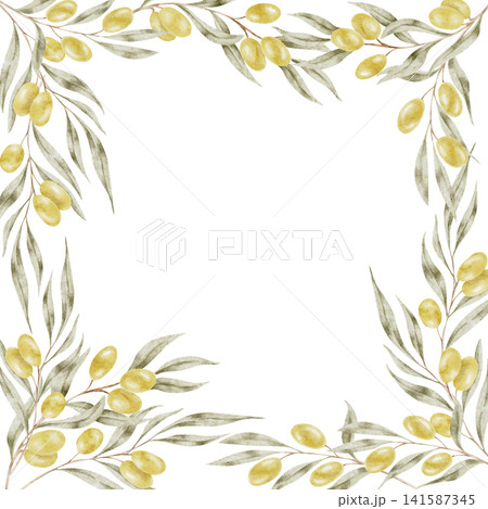 Green olive branches and golden olives watercolor frame illustration surrounding the page for wedding stationery, greeting cards, restaurant menus, packaging, certificates and printable designs. 141587345