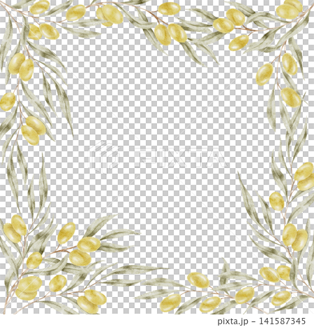 Green olive branches and golden olives watercolor frame illustration surrounding the page for wedding stationery, greeting cards, restaurant menus, packaging, certificates and printable designs. 141587345