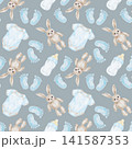 Beige bunny toys, blue baby bodysuits, bottles and footprints watercolor seamless pattern on blue background for nursery textiles, gift wrap, wallpaper, packaging and baby accessories. 141587353