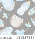 Blue baby bodysuits, beige diapers, baby bottles and shoes watercolor seamless pattern on gray background for nursery wallpaper, textiles, gift packaging, apparel and stationery products. 141587354