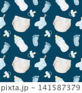 Beige diapers, blue footprints, baby bottles and pacifiers watercolor seamless pattern on dark blue background for nursery textiles, gift wrap, apparel, wallpaper and baby accessories. 141587379