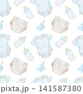 Blue baby bodysuits, beige diapers, baby bottles and pacifiers watercolor seamless pattern clipart for nursery textiles, wallpaper, wrapping paper, stationery, packaging and digital paper. 141587380