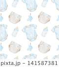 Blue baby bodysuits, beige diapers, baby bottles and pacifiers watercolor seamless pattern illustration for fabric, wrapping paper, nursery wallpaper, apparel, stationery and baby products. 141587381