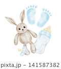 Beige bunny toy, blue baby footprints, baby bottle and pacifier watercolor illustration composition for nursery decor, greeting cards, baby albums, invitations, packaging and keepsakes. 141587382