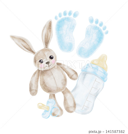 Beige bunny toy, blue baby footprints, baby bottle and pacifier watercolor illustration composition for nursery decor, greeting cards, baby albums, invitations, packaging and keepsakes. 141587382